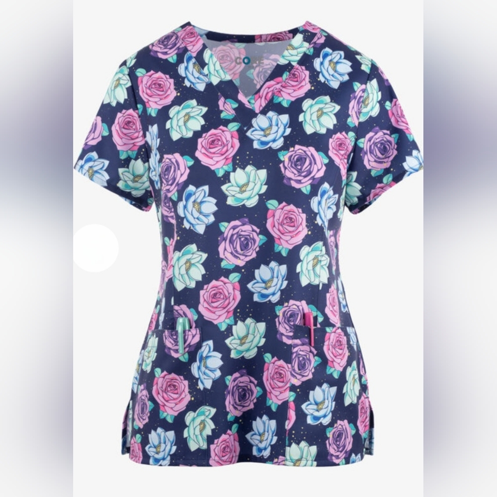 Maevn Floral Best Buds Women's 3-Pocket V-Neck Print Scrub Top